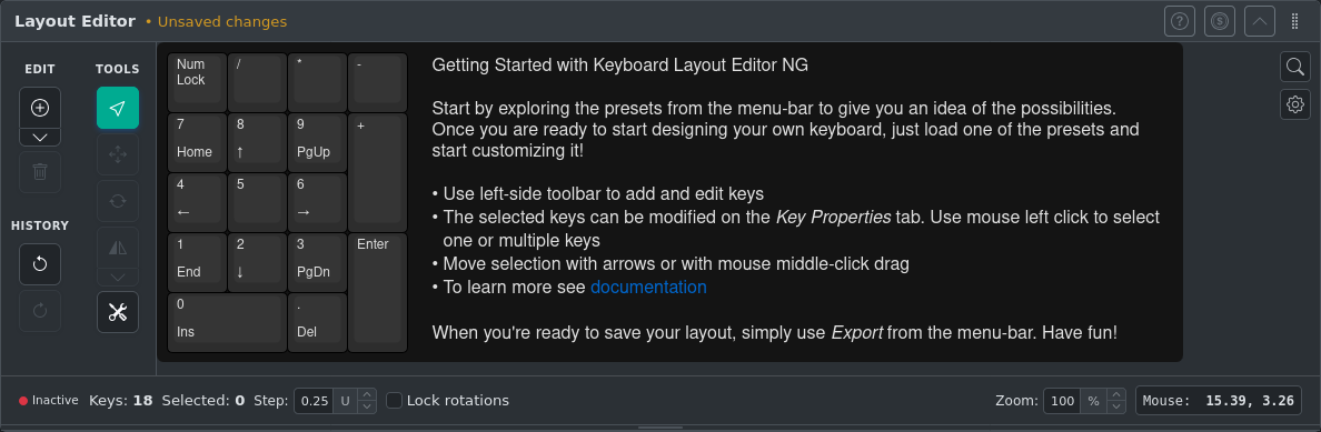 Layout editor canvas with a keyboard layout