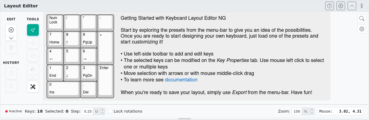 Layout editor canvas with a keyboard layout